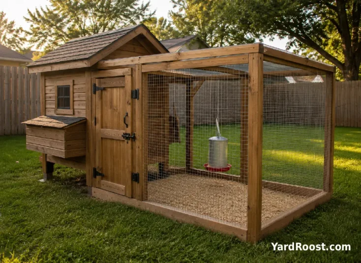 A secure backyard coop and run are set up for standard-size hens.