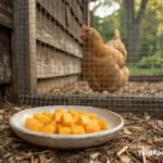 Small cubes of ripe mango sit on a dish beside a secure backyard chicken run.