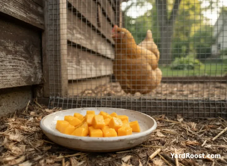 Small cubes of ripe mango sit on a dish beside a secure backyard chicken run.
