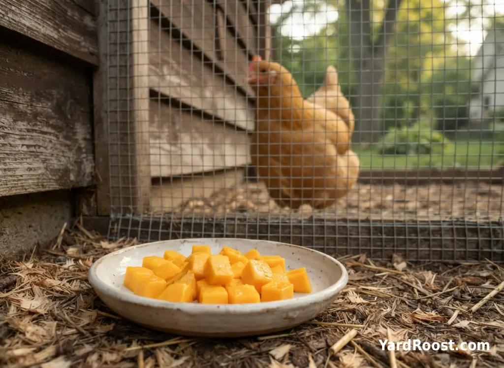 Small cubes of ripe mango sit on a dish beside a secure backyard chicken run.