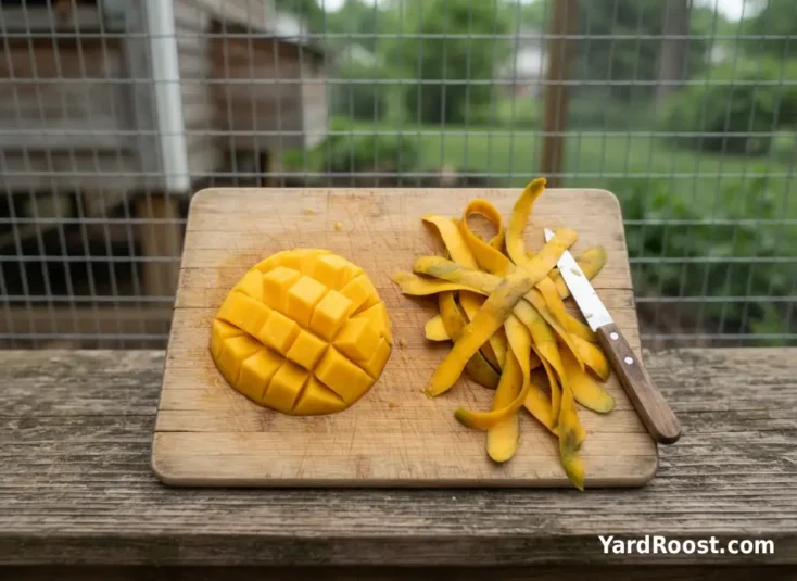 Washed mango peels are separated from chopped mango flesh on a wooden cutting board.
