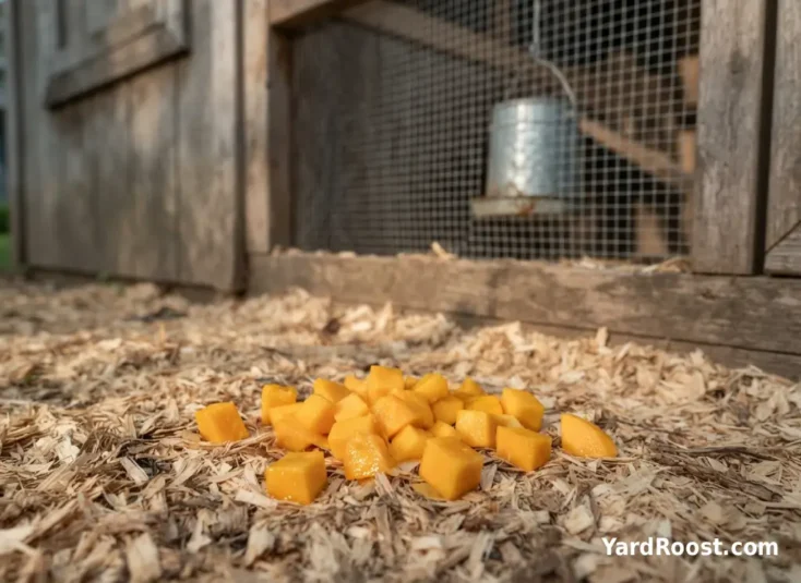 Chopped mango pieces are ready to scatter in a clean backyard chicken run.