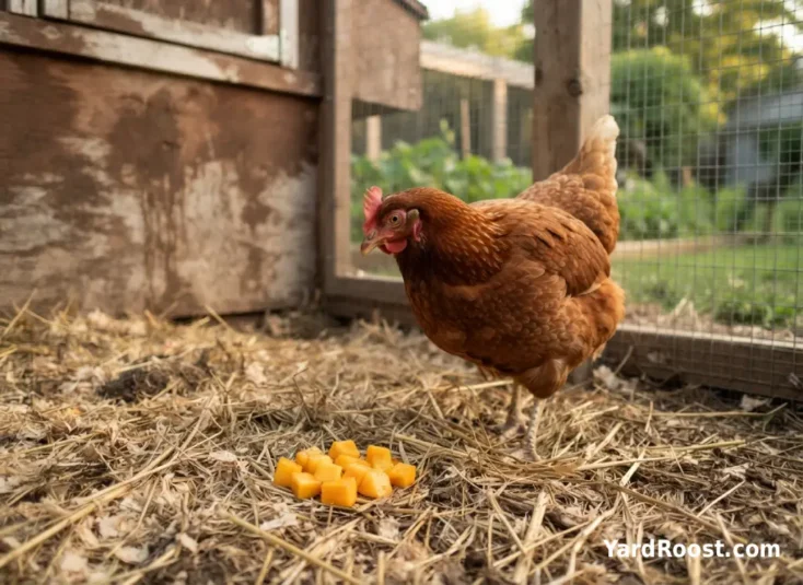 A hen calmly inspects small mango cubes in a clean backyard run.