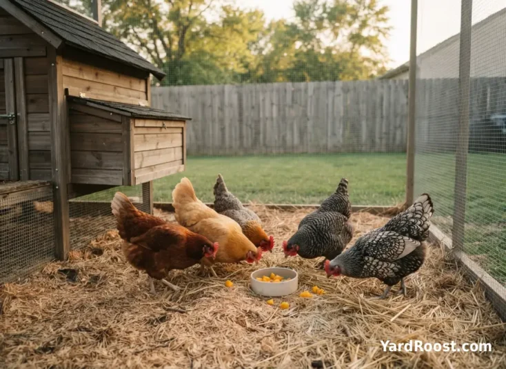 A small flock of hens forages calmly near a clean coop after being offered mango pieces.