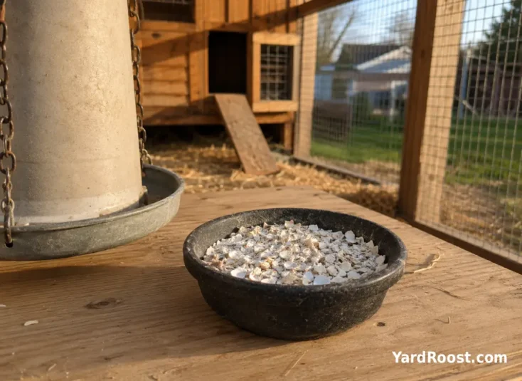 A small dish of crushed oyster shell sits on a platform inside a covered chicken run.