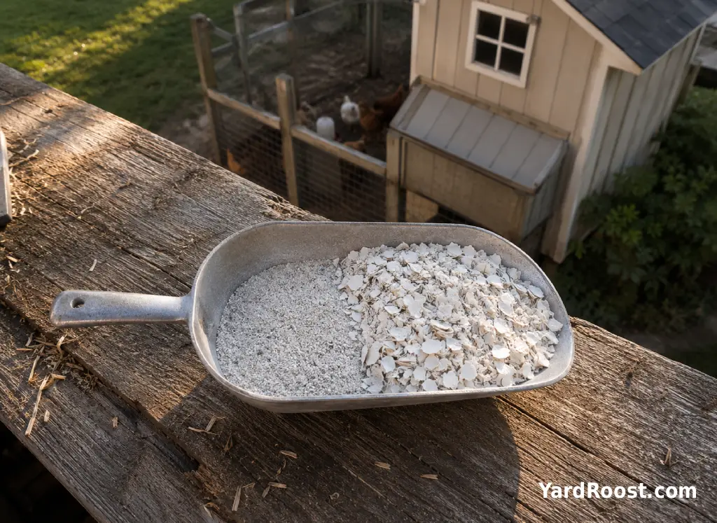 A metal scoop shows fine crushed oyster shell beside larger flaked oyster shell chips on a wooden bench.