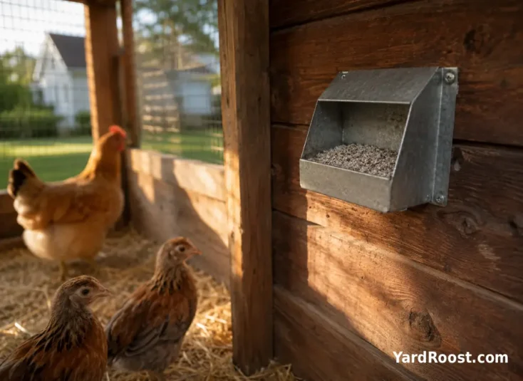 A mineral feeder is mounted high on the run wall above two younger pullets on the ground.