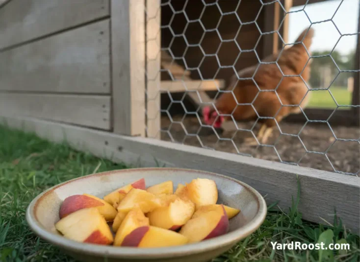 Small peach pieces sit in a dish beside a backyard chicken run.