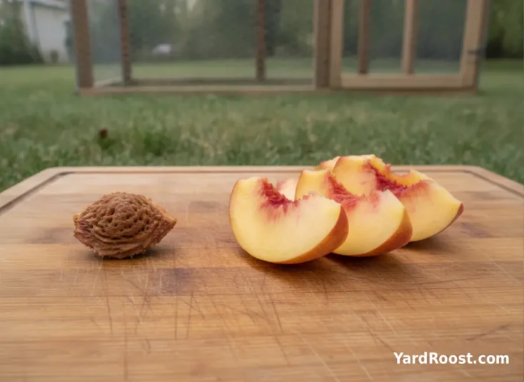A peach pit is separated from sliced peach pieces before feeding chickens.