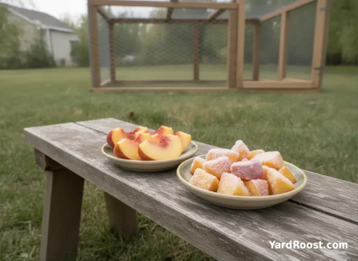 Fresh and frozen peach pieces are prepared in small dishes beside a backyard coop.