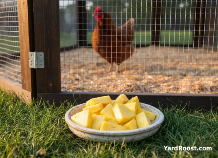 Fresh pineapple pieces sit in a shallow dish beside a covered backyard chicken run.