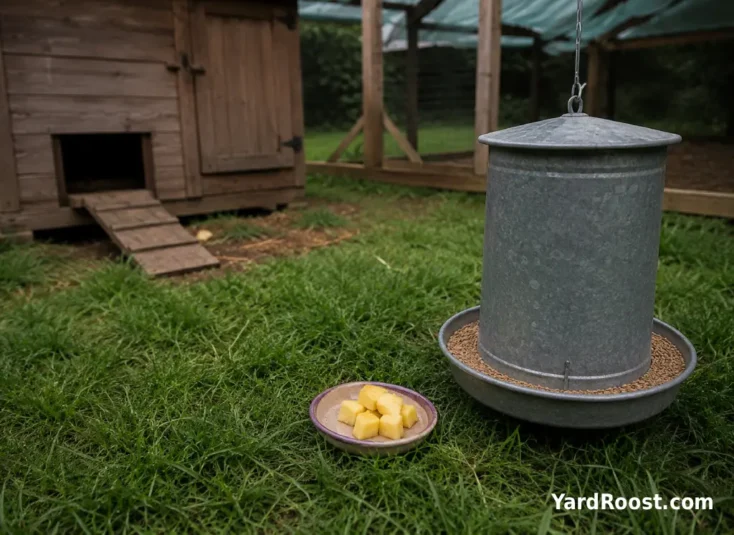 Small pineapple pieces are portioned in a dish beside a clean chicken feeder.