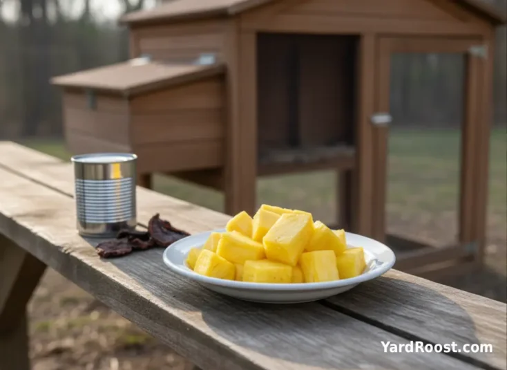 Fresh pineapple cubes are shown separately from canned and dried fruit near a backyard coop.