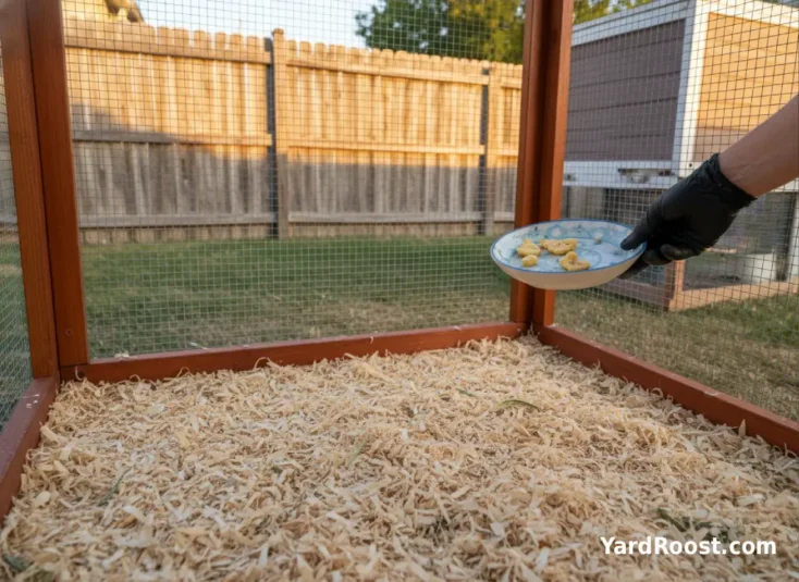 A shallow dish with leftover pineapple bits is removed from a clean covered chicken run.