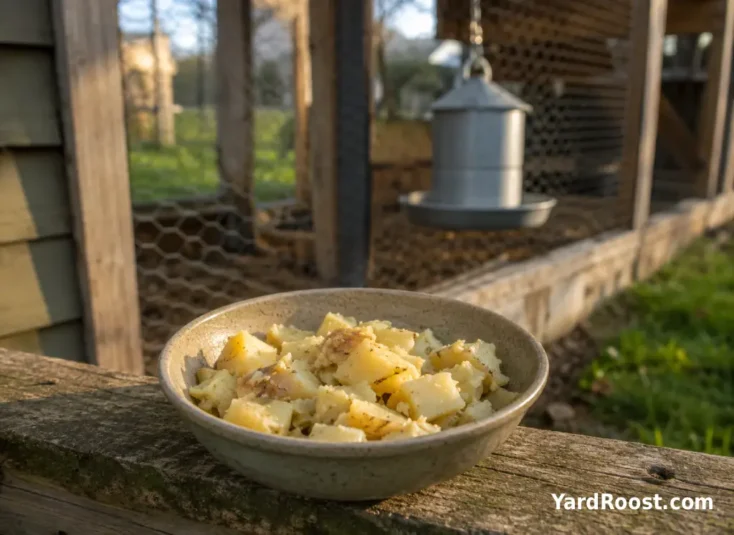 A small bowl of chopped cooked potatoes sits on a wooden bench next to a covered chicken run.