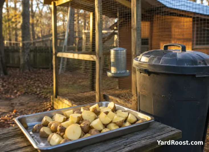 Raw potato chunks sit on a tray next to a closed compost bucket by a chicken run.