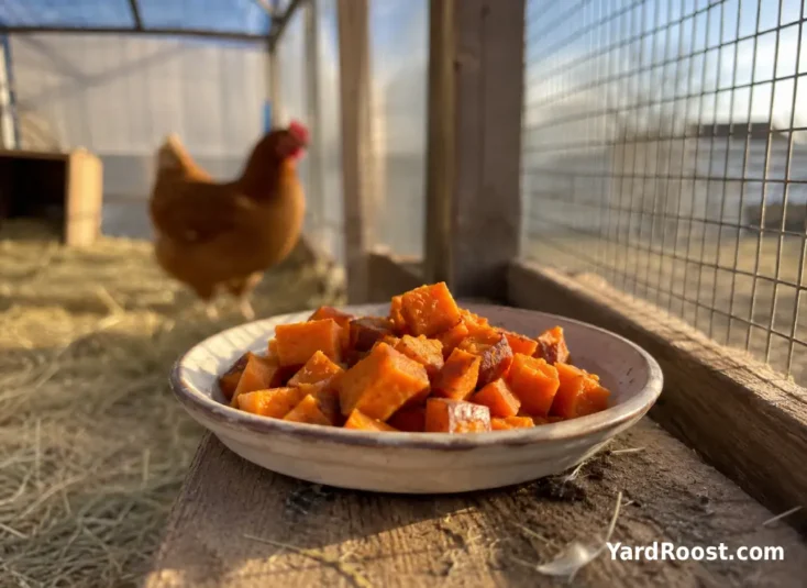 Cooked sweet potato cubes sit in a dish on a bench inside a covered chicken run.