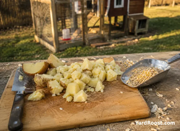 Cooked potatoes are chopped into small pieces on a cutting board next to a metal feed scoop.