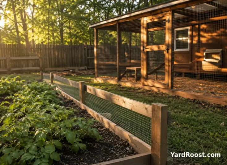 A small potato garden bed is fenced off from a covered chicken run in a backyard.