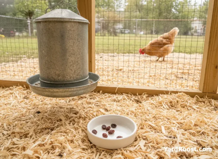 A small dish of chopped raisins sits beside a chicken feeder in a clean backyard coop run.