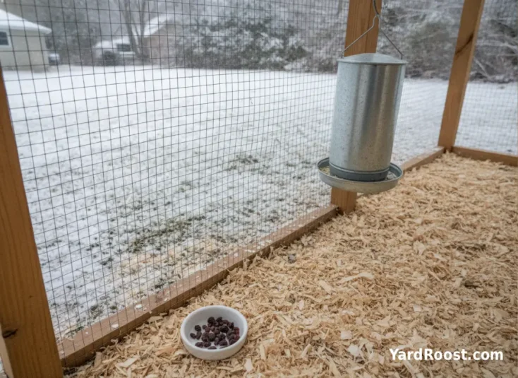 A small dish of chopped raisins sits near a feeder inside a dry winter chicken run.