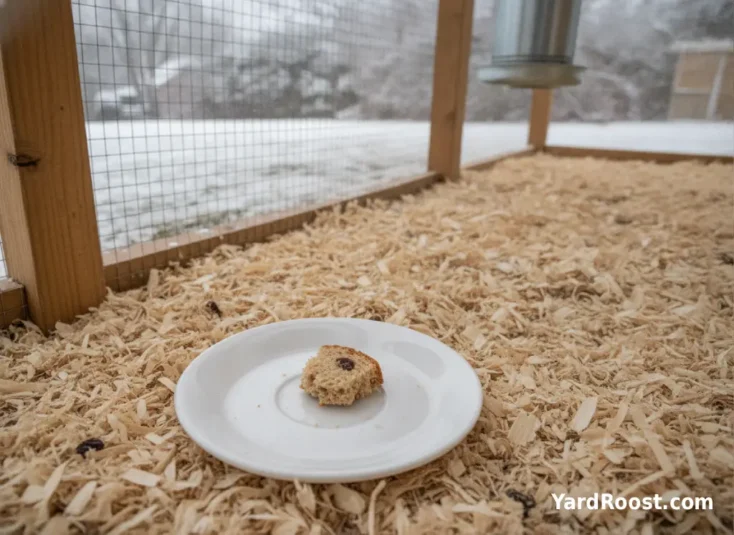 A tiny piece of cinnamon raisin bread sits on a plate away from the chicken feeder.