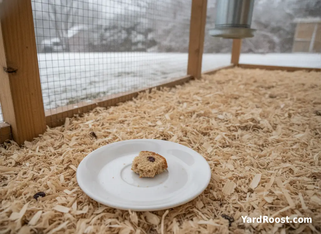 A tiny piece of cinnamon raisin bread sits on a plate away from the chicken feeder.