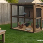 Backyard hens pecking at a small dish of plain cooked rice in a clean covered run.