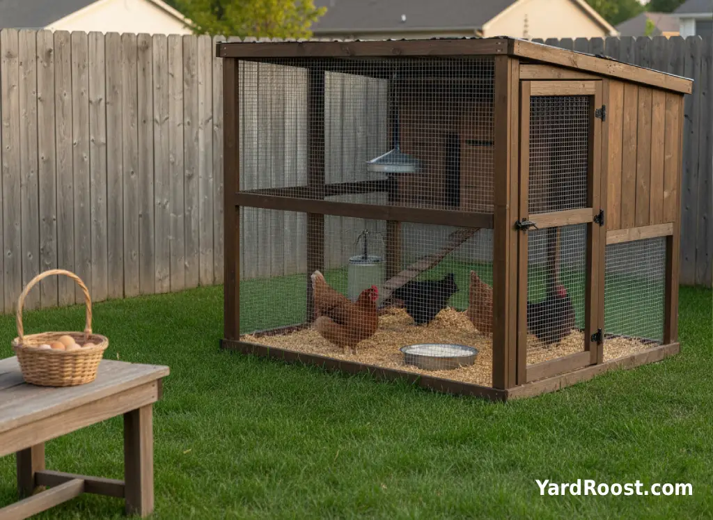Backyard hens pecking at a small dish of plain cooked rice in a clean covered run.