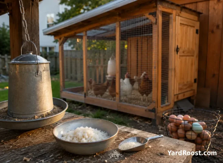 A bowl of plain cooked rice beside a small scoop of dry rice near a backyard chicken coop feeder.