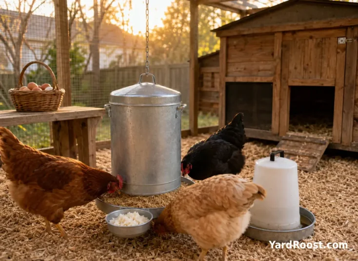 A keeper-style feed station with complete layer feed, a small bowl of rice, and hens eating in a covered run.