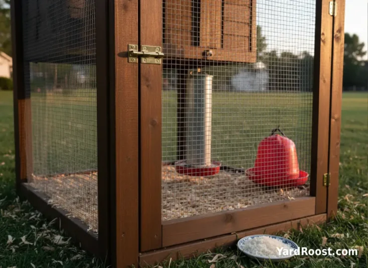 Plain leftover rice in a small dish next to a clean feeder and waterer in a secure backyard chicken run.
