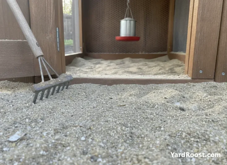 A clean chicken coop floor covered with coarse sand and a rake near the doorway.