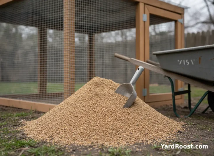 A small pile of coarse washed construction sand beside a chicken coop run.