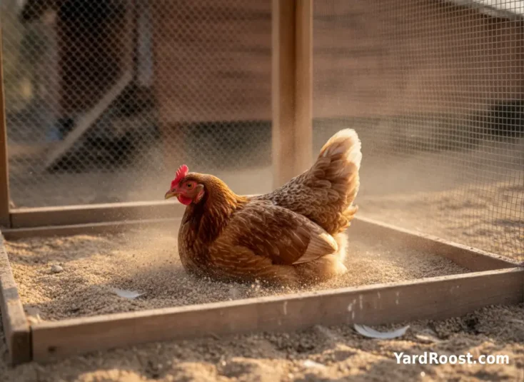 A covered chicken run corner with coarse sand and one hen dust bathing.