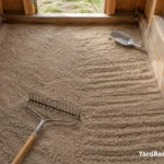 A raised wooden coop floor being prepared with coarse sand and a metal rake.