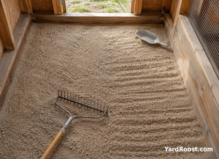 A raised wooden coop floor being prepared with coarse sand and a metal rake.