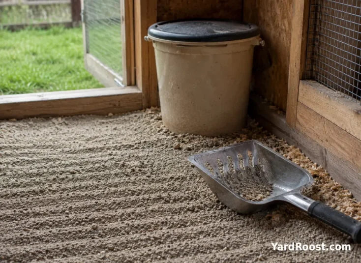 A small coop sand cleaning setup with a scoop, bucket, and raked bedding.