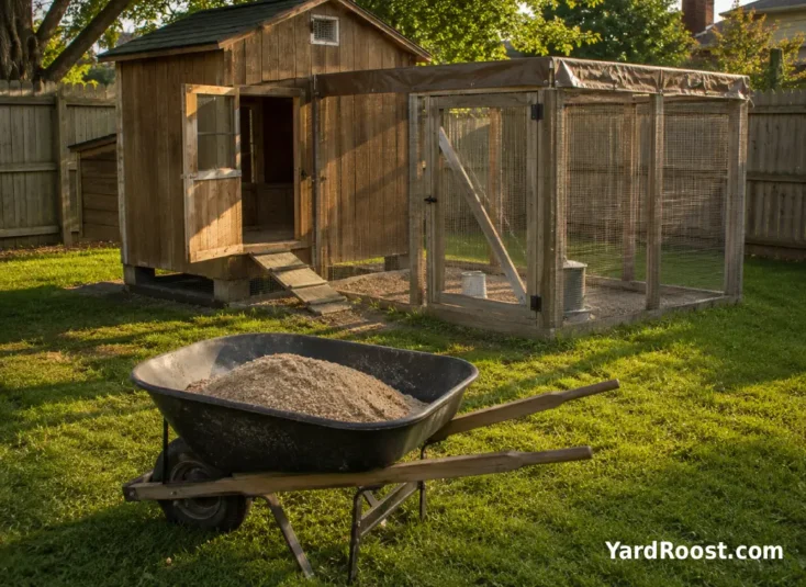 A wheelbarrow of coarse sand parked beside a backyard chicken coop.
