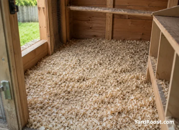 A dry pine shaving coop floor used instead of sand in a small backyard coop.