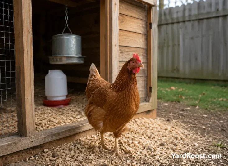 A calm hen stands beside a clean backyard chicken coop with a feeder and waterer nearby.