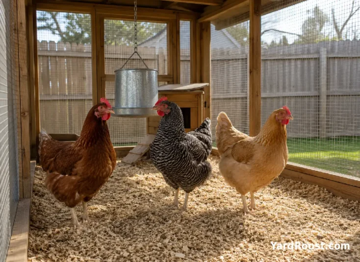 Three hens stand in a clean covered run for comparing normal crop appearance.