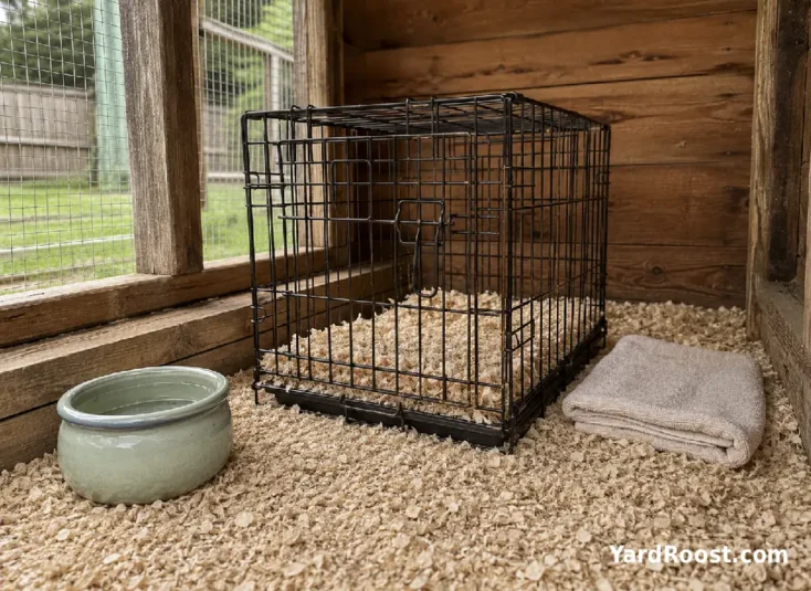 A clean chicken recovery crate with bedding and water sits inside a sheltered coop area.