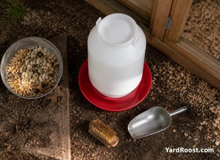 A scrubbed chicken waterer and feed scoop sit beside a clean backyard coop work area.