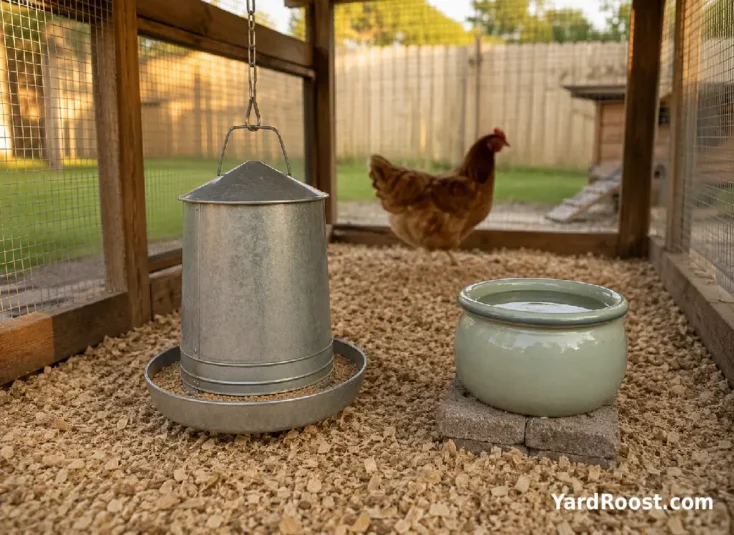 A clean waterer and dry hanging feeder are set up inside a tidy backyard chicken run.