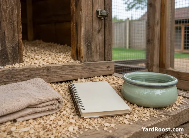 A chicken recovery setup with clean bedding, water, and a notebook sits beside a backyard coop.