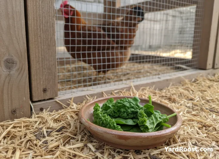 Fresh spinach leaves sit in a small dish beside a backyard chicken run.