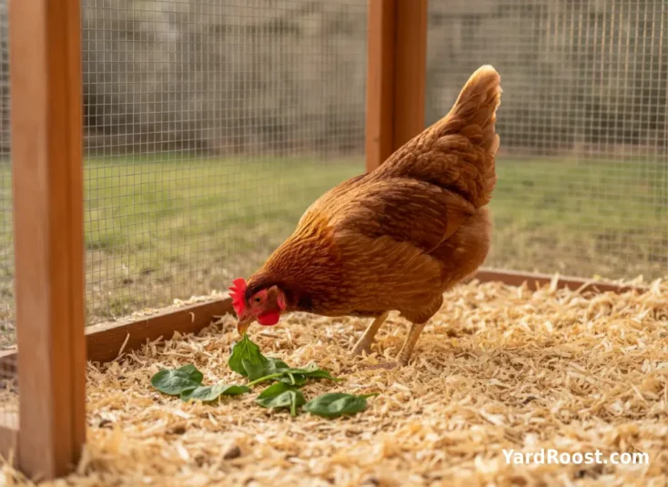 A backyard hen pecks at a few spinach leaves on clean coop bedding.