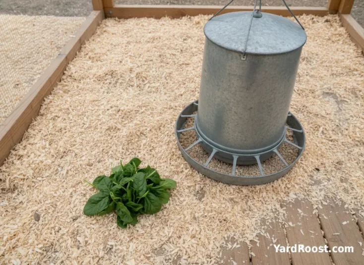 A small handful of spinach leaves is shown beside a chicken feeder.