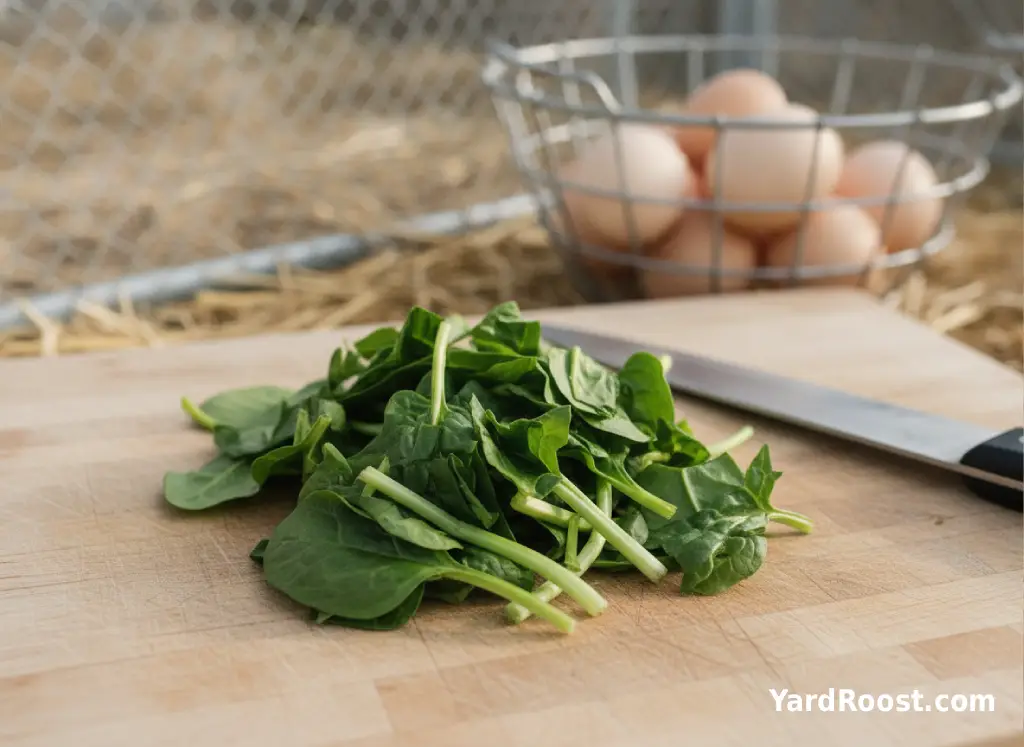 Chopped spinach leaves and stems are prepared on a wooden board for chickens.